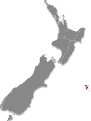 Te Waipounamu (Chatham Islands) highlighted on a map of Aotearoa