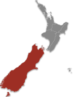 Te Waipounamu highlighted on a map of Aotearoa